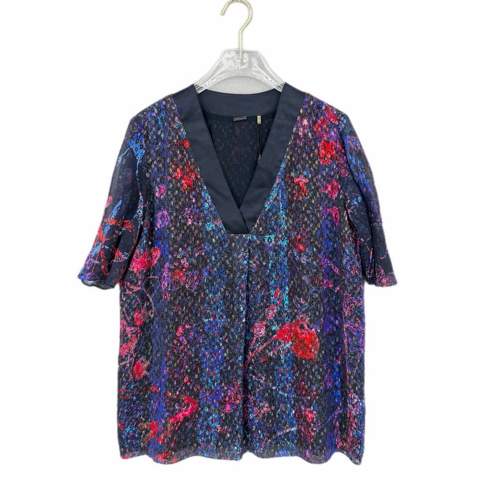 Elie Tahari NWT Rose Blouse Navy Multi Short Sleeve Sparkle V-neck Silk Top